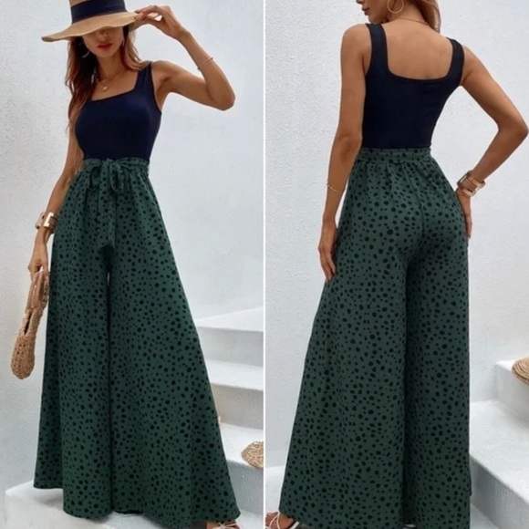 Rose Leopard Print Tulip Sleeve Belted Wide Leg Jumpsuit